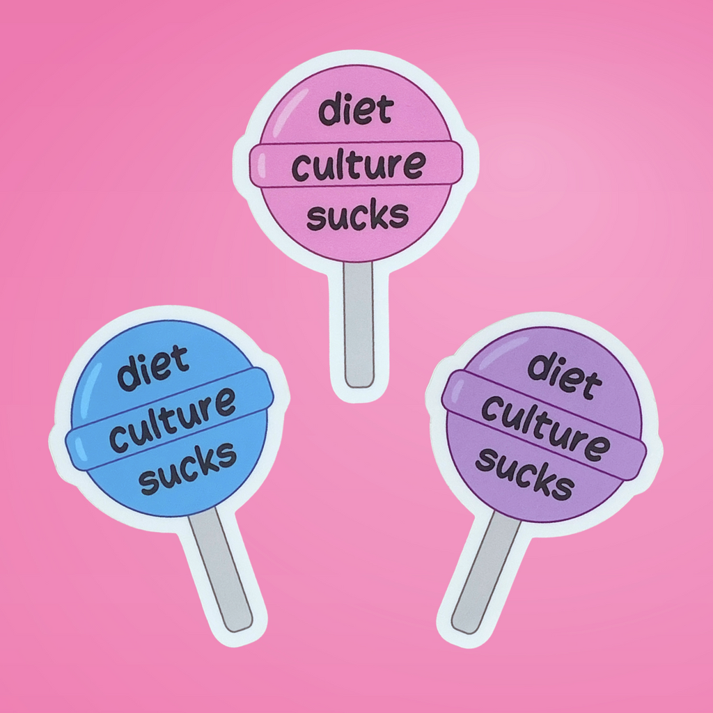 3 lollipop shaped stickers with text "diet culture sucks" in purple, pink and blue.